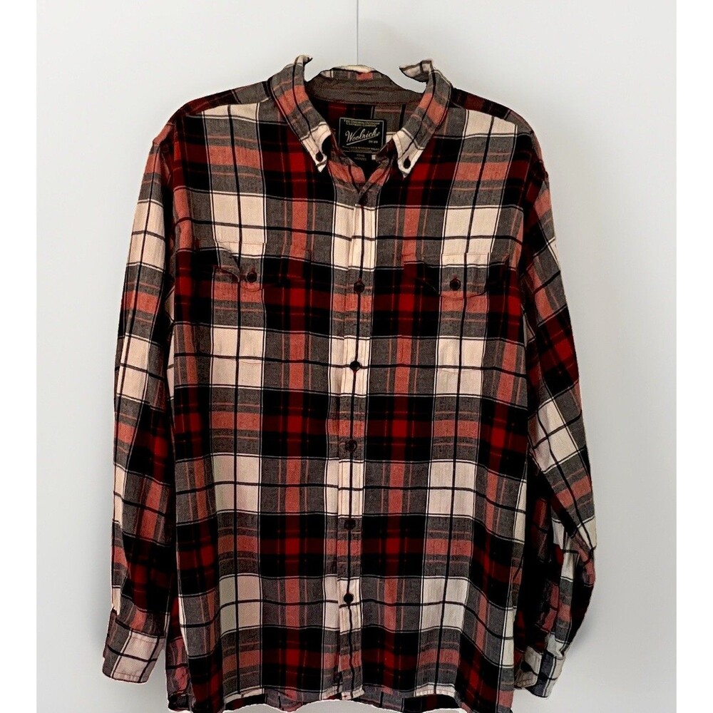 Woolrich Men’s L Cotton Flannel Plaid Shirt Button-Down Long Sleeve Pockets